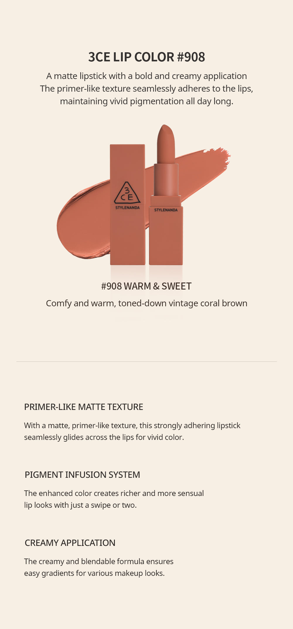 3CE Matte Lip Color #908 Warm & Sweet